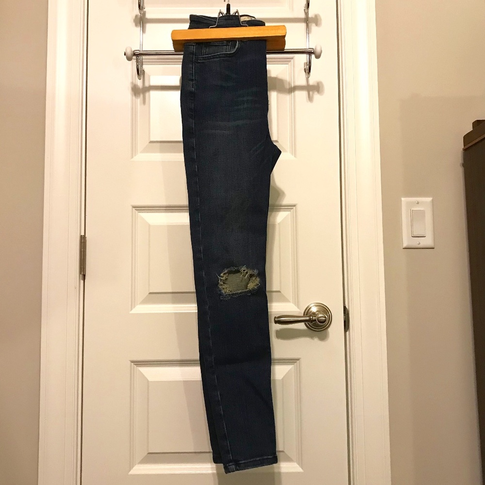 We the Free 5 pocket high waist button fly dark wash distressed jeans (size 28)